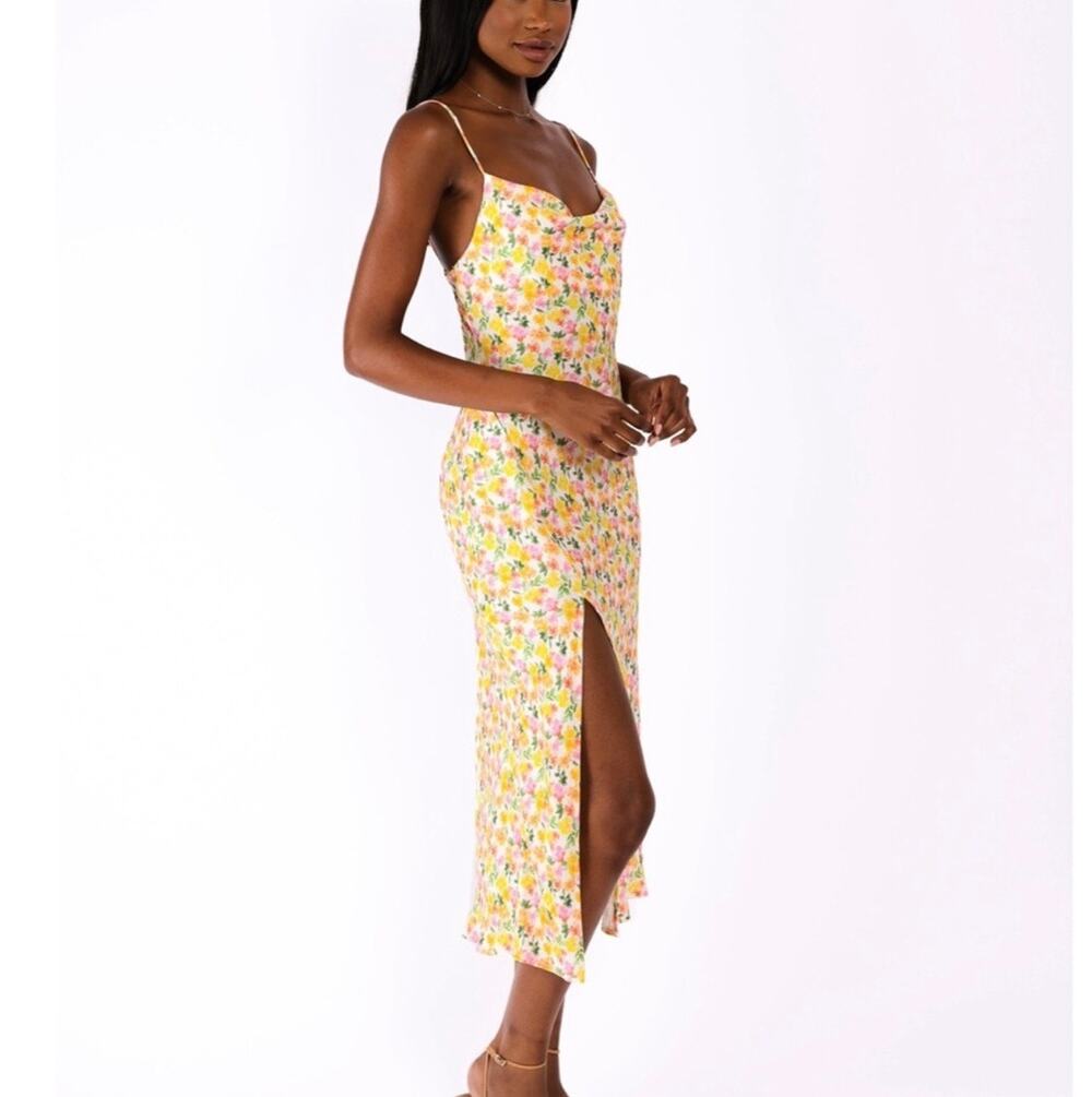 RESA Yellow Floral Slip Dress Strap Women’s Cocktail Floral Sz L